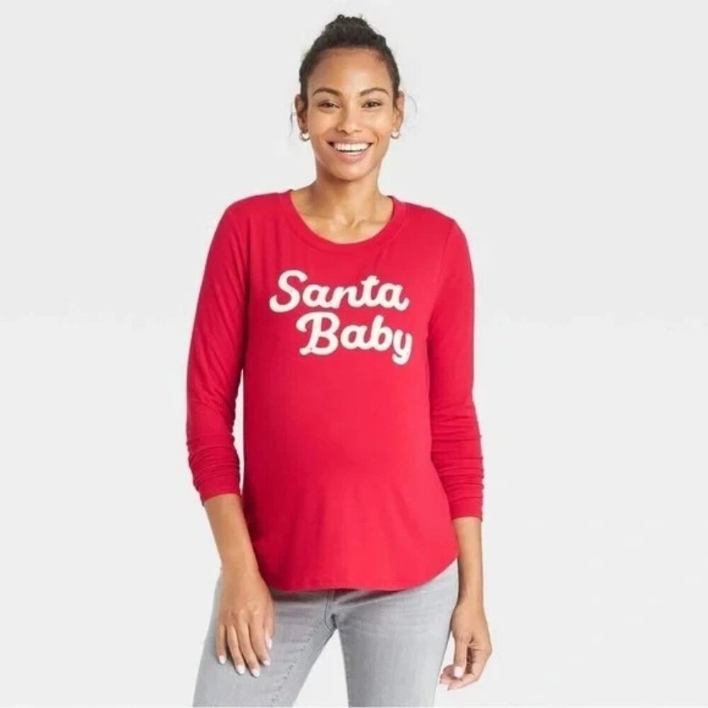 Isabel Maternity T Shirt Red Christmas Long Sleeve Santa Baby Womens Size XS